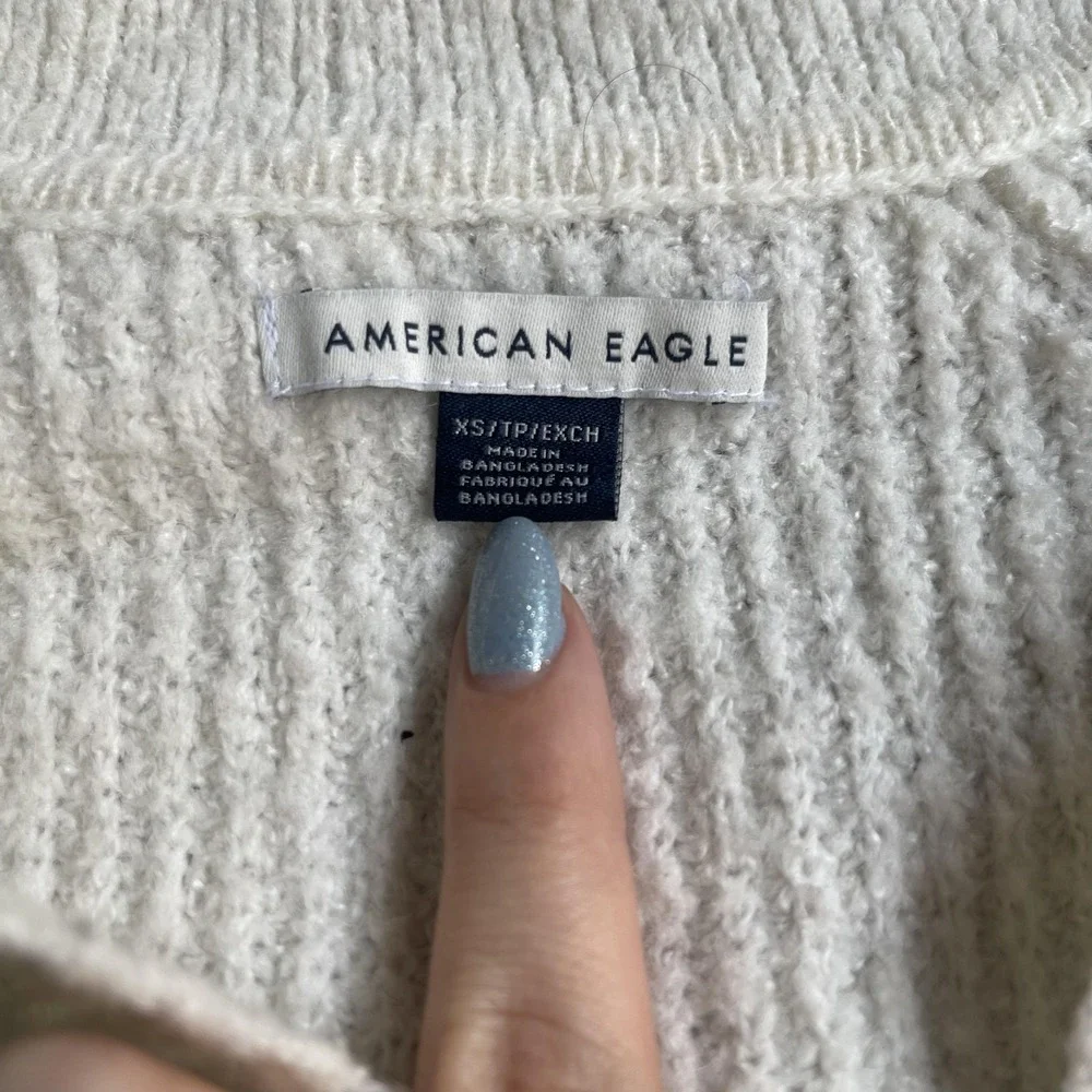 American Eagle Sweater Womens XS White Collared Split Neck Tight-Knit Pullover